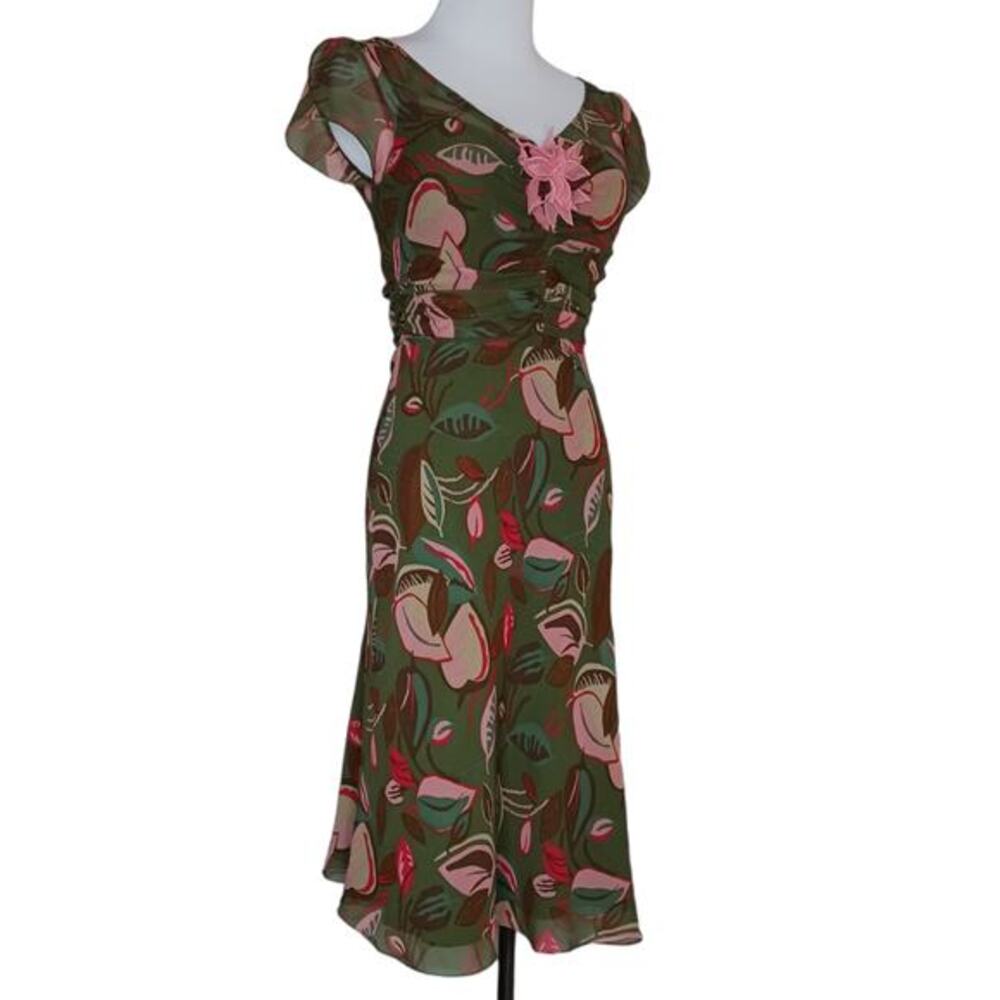 Y2K BCBGMAXAZRIA Silk‎ Midi Dress Ruched XS XXS Coquette Fairy Dainty Babydoll